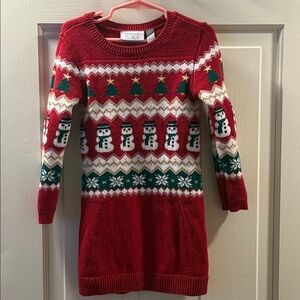 The Children’s Place Festive Red Knit Dress with Snowman and Tree Design